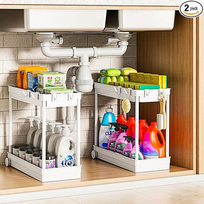 2 Pack Under Sink Organizer, 2 Tier Bathroom Cabinet Organizers and Storage with Hook, Multi-purpose Storage Basket Shelf for Kitchen (Frost White, 2 Pack)