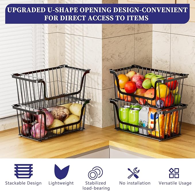 4 Pack Enhanced Leak-Proof Bottom Stackable Wire Baskets, Pantry Organizers and Storage, pantry storage，Shelf Baskets, Fruit Basket, Potato and Onion Storage Bins，(Black)