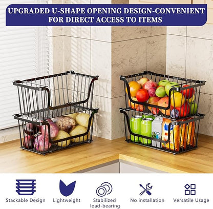 4 Pack Enhanced Leak-Proof Bottom Stackable Wire Baskets, Pantry Organizers and Storage, pantry storage，Shelf Baskets, Fruit Basket, Potato and Onion Storage Bins，(Black)