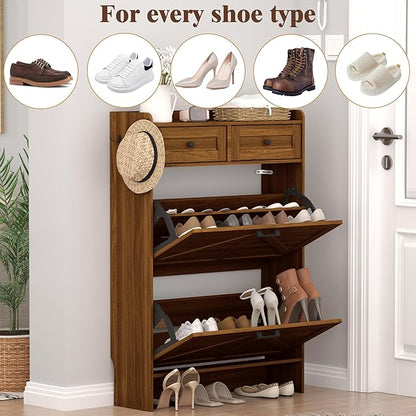 Shoe Cabinet with 2 Flip Drawers & 2 Storage Drawers, Rustic Farmhouse Narrow Shoe Organizer Cabinet, Slim Shoe Rack Cabinet, Shoe Storage Cabinet for Entryway, Hallway, Front Door
