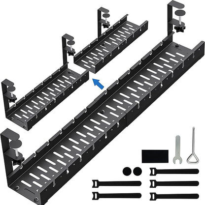 No Drilling Extendable Under Desk Cable Management, Metal Cable Management Tray Under Desk with Clamp, Retractable Power Strip Cord Holder for Wire Management 31Inch (1 Pack Black or white random 31')