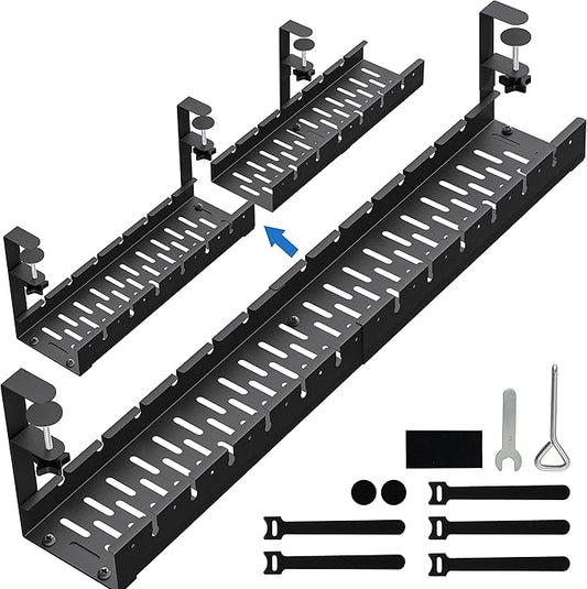 No Drilling Extendable Under Desk Cable Management, Metal Cable Management Tray Under Desk with Clamp, Retractable Power Strip Cord Holder for Wire Management 31Inch (1 Pack Black or white random 31')