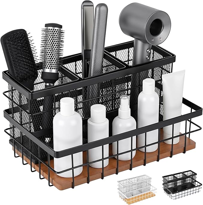 AceOrbit 1 Pcs Hair Tool Organizer Countertop Breathable Metal & Bamboo Hot Tools Organizer Under Sink Bathroom Hair Dryer Holder Countertop Brush Comb Holder,makeup tray (Koa Wood,Black)