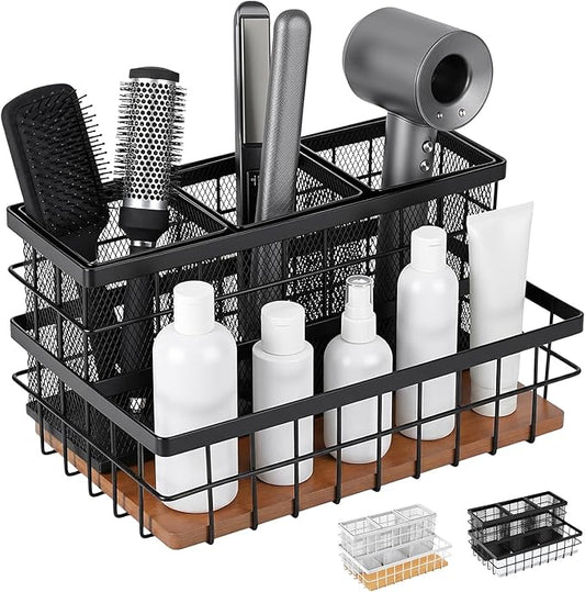 AceOrbit 1 Pcs Hair Tool Organizer Countertop Breathable Metal & Bamboo Hot Tools Organizer Under Sink Bathroom Hair Dryer Holder Countertop Brush Comb Holder,makeup tray (Koa Wood,Black)