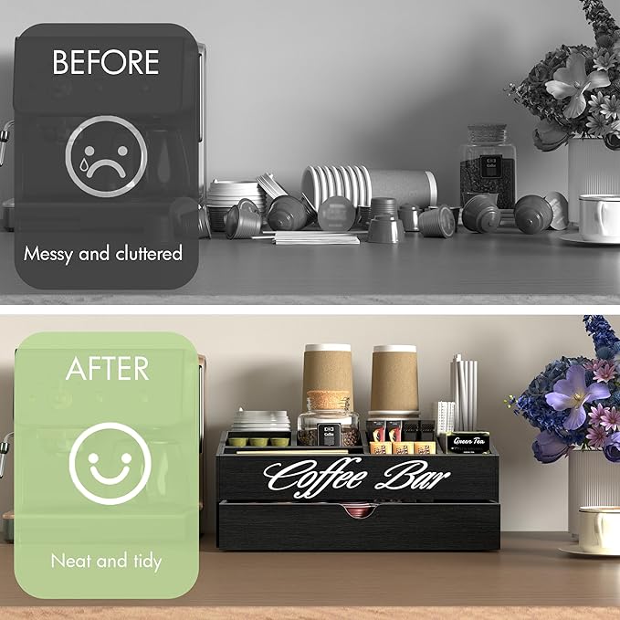 Suli Coffee Station Organizer,Extra Large Wooden Countertop Pods Holder with Drawer,Storage for Condiment Syrup Tea Cups,Rustic Bar Decor for Accessories Organizer (2 Tiers 11 Compartments)-Black