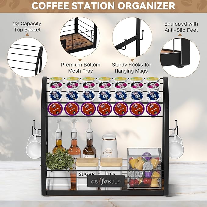 Metal K Cup Holder, 2 Tier Coffee Bar Organizer with 4 Coffee Mug Hooks, Multi-functional Countertop Coffee Station Tray Wooden K Cup Organizer - Black