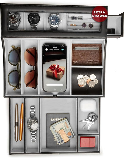 Mens Valet Box Organizer, Large Leather Valet Tray for Men, Mens Valet Tray Organizer with Charging Station, Mens Jewelry Box Organizer for EDC Valet Mens Accessories, Nightstand Bedside Dresser Top