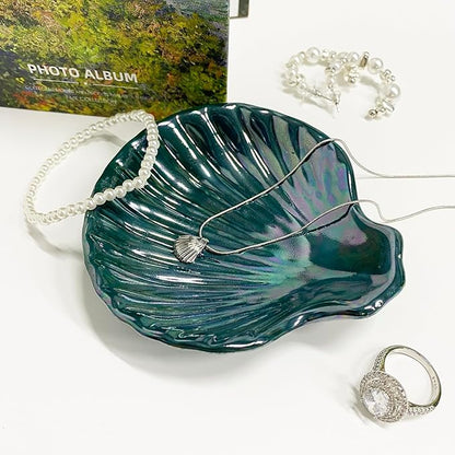 Seashell Trinket Tray, Ceramic Ring Holder Dish for Earrings Necklace, Shell Jewelry Dish Tray, Ocean Room Decor, Birthday Mother's Day Christmas Gift for Women, 3.9", Deep Teal Iridescent Surface