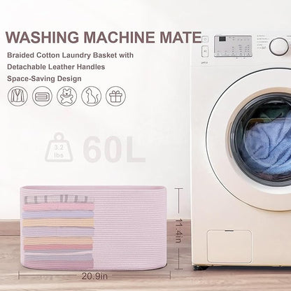 60L Small Baby Girls Laundry Basket for Nursery Storage,Cute Woven cotton Rope Baskets for Kids Toy，Gifts, Boho Square Wicker Blanket hamper for Living Room,Bedroom Dirty Clothes,Pink