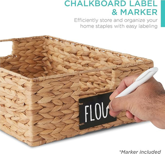 Best Choice Products Set of 4 16x12in Large Water Hyacinth Pantry Baskets, Woven Organizers w/Chalkboard Label, Chalk Marker - Natural