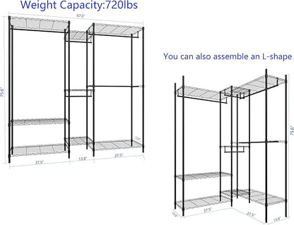 6 Tiers Heavy Duty Clothes Shelf,Metal Garment Rack, Adjustable Garment Rack with Hanging Rod and Wire Fixing Baskets,Max Load 720LBS,Black