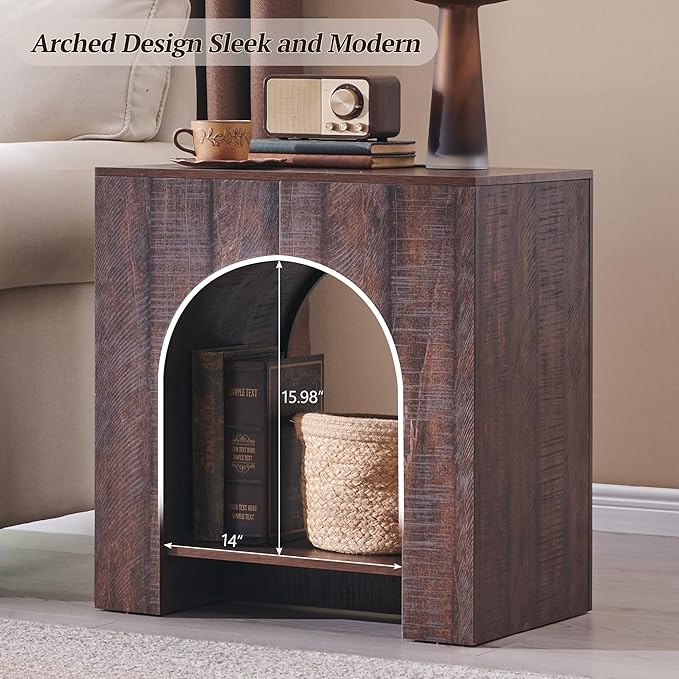 Arched End Table with Type-C Charging Station, 22" Modern Bedroom NightStand with Arched Open Shelf, Night Table with Outlet, USB, Type-C Port for Bedroom, Natural