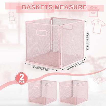 2 Pcs Foldable Metal Cube Storage Baskets 13" x 13" Pink Kitchen Wire Baskets Stackable Mesh Laundry Organizer Bin with Handles for Shelves Kitchen Pantry Cabinets Closet Food