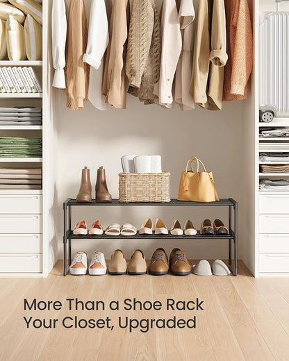 SONGMICS Shoe Rack, 2-Tier Shoe Organizer, Metal Storage Shelf, Upright or Upside Down, for 12-15 Pairs, Stackable, for Entryway, 11.8 x 36.2 x 13.4 Inches, Black ULSA12BK