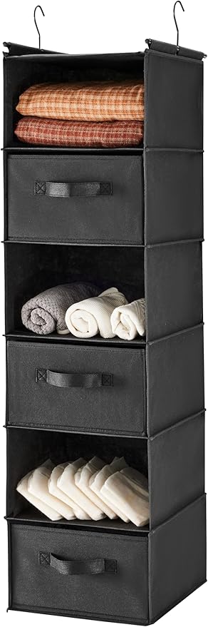 MAX Houser 6 Tier Shelf Hanging Closet Organizer, Closet Hanging Shelf with 2 Sturdy Hooks for Storage, Foldable (Black-D3)