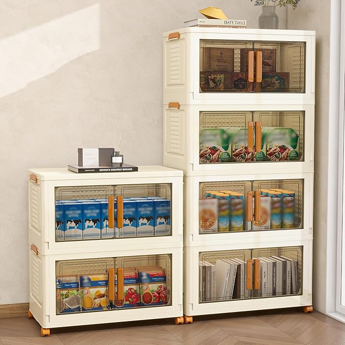 Vavkorkula Plastic Stackable Storage Bins with Lids and Wheels, 358.4QT-89.6QT*4Tier Foldable Closet Organizers and Containers, Collapsible Clear Drawer Storage Cabinet with Doors Ivory White