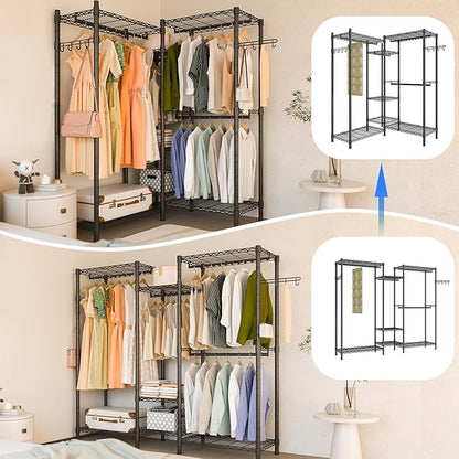 Heavy Duty Garment Rack, Portable Wardrobe Clothes Rack Freestanding Adjustable Clothing Rack with 7 Tiers Adjustable Wire Shelving and 4 Hanger Rods, Max Load 920LBS