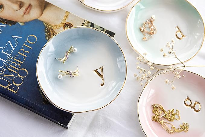 COLLECTIVE HOME - Ceramic Jewelry Tray, Decorative Trinket Dish for Rings Earrings Necklaces Bracelet Watch Keys, Birthday Mother's Day Christmas Gift for Women, 4.75", Colored Surface (W)