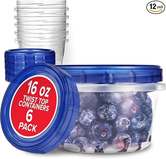 Stock Your Home 16oz Plastic Containers with Twist Top Lids (12 Pack) – 2-Cup Freezer Containers for Leftovers, Airtight Reusable Soup Storage, Microwave & Dishwasher Safe