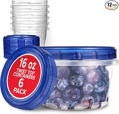 Stock Your Home 16oz Plastic Containers with Twist Top Lids (12 Pack) – 2-Cup Freezer Containers for Leftovers, Airtight Reusable Soup Storage, Microwave & Dishwasher Safe