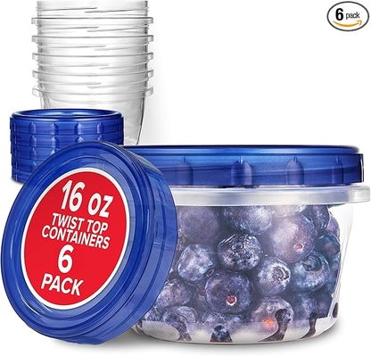 Stock Your Home 16oz Plastic Containers with Twist Top Lids (6 Pack) – 2-Cup Freezer Containers for Leftovers, Airtight Reusable Soup Storage, Microwave & Dishwasher Safe