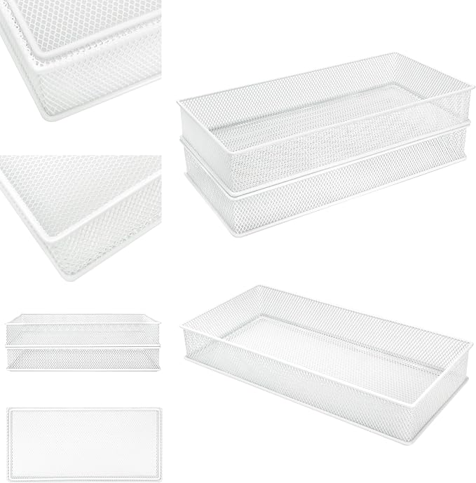 Annova Mesh Stackable Drawer Cabinet and Shelf Organizer Bins Storage Basket School Office Supply Holder Tray- Set of 2 (White, 6x12x2 Inch)