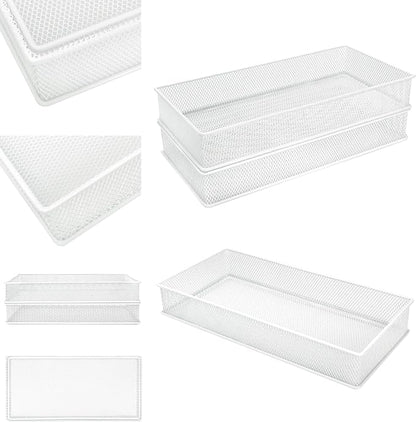 Annova Mesh Stackable Drawer Cabinet and Shelf Organizer Bins Storage Basket School Office Supply Holder Tray- Set of 2 (White, 6x12x2 Inch)
