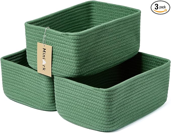 Small Storage Baskets for Organizing | Closet Organizer Bins | Shelf Toy Basket | Woven Rope Baskets | Cube Decorative Box | Shallow Basket | 11.5x7.5x4.7” | 3 Packs Green