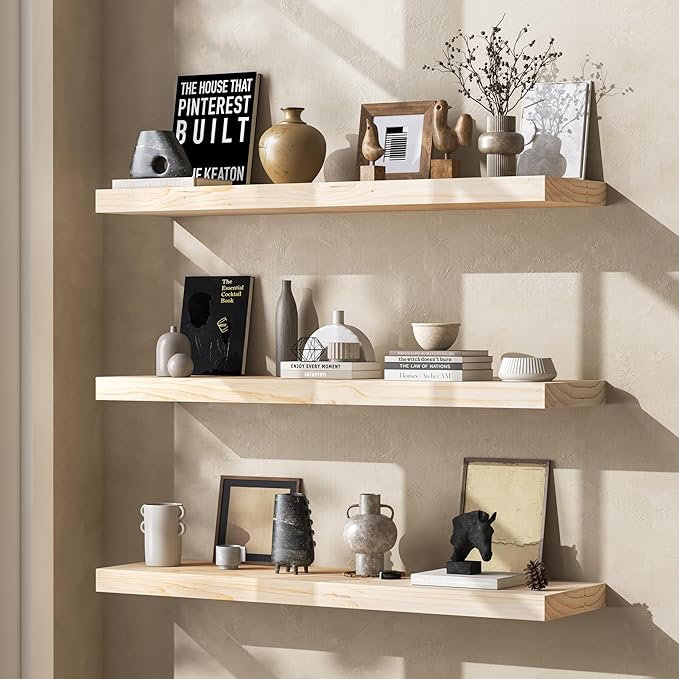 Fun Memories 30 Inch Floating Shelves for Wall, Deep Rustic Solid Wood Floating Shelves for Storage - Farmhouse Wall Mounted with Heavy-Duty Metal Bracket, 30" W x 8" D, Set of 2,Unfinished for DIY