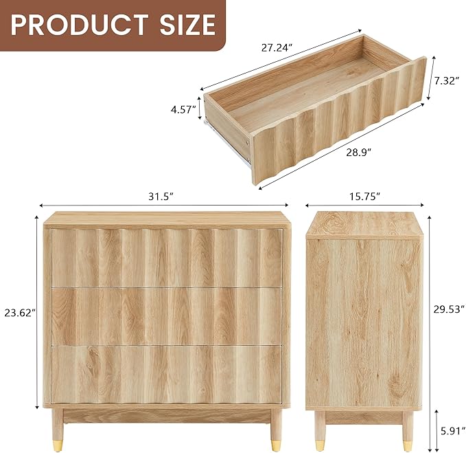 Bifins Fluted 3 Drawer Dresser, 31.5" Wide Modern Storage Chest of Drawers, Wood Drawer Organizer for Bedroom, Living Room, Hallway