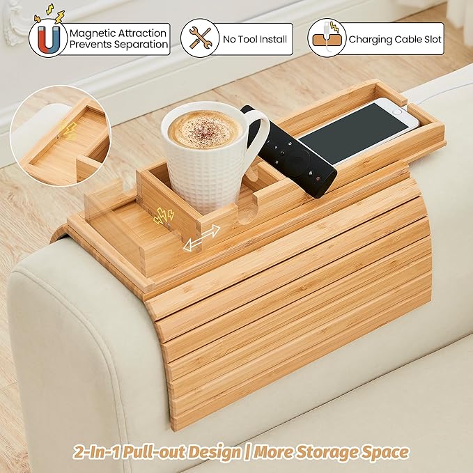 GEHE Detachable Couch Cup Holder, Anti Falling Sofa Arm Tray, Natural Bamboo Sofa Cup Holder More Safe for You Family, Portable Couch Arm Tray Armrest Table for Remote, Snacks, Phone, Drinks