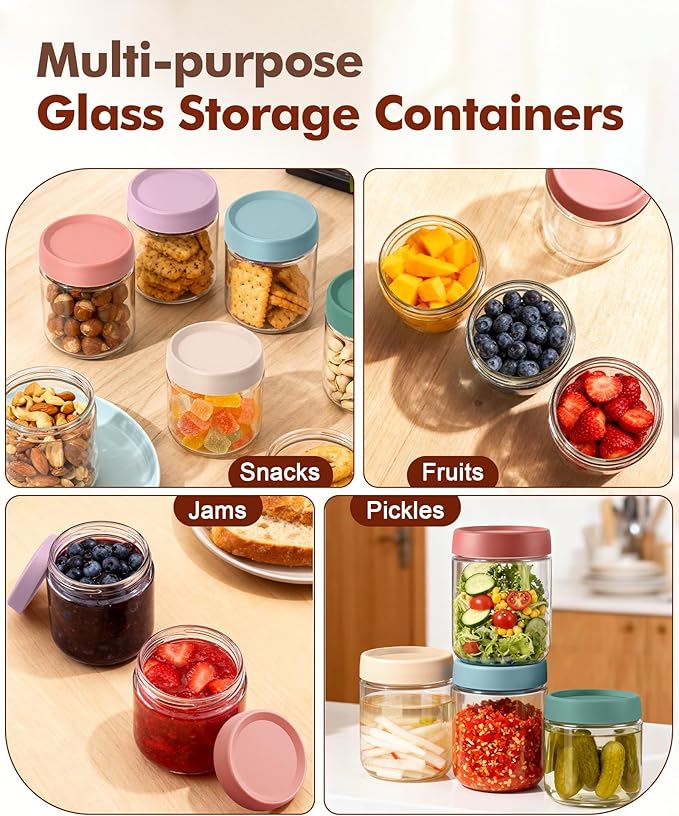 6 pack 16 oz Overnight Oats Containers with Lids and Spoons Glass Jars with Airtight Lids: Wide Mouth Mason Salad Jars, Leakproof and Reusable Glass Food Storage Container for Yogurt Snacks Spice