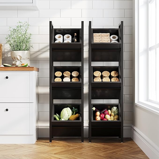 LITTLE TREE 3-Tier Basket Stand, Rustic Standing Organizer Storage Rack, Wooden Floor Stand Shelving Unit for Kitchen, Bathroom, Living Room (2, Black)
