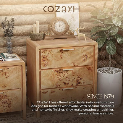 Burl Finish 3 Drawer Nightstand, Wood Rustic Farmhouse Dresser, Vintage Accent Storage Bedside Table for Bedroom Entryway, Fully Assembled, Natural