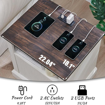 wow97e 22" Large Fluted Nightstand with Charging Station, Modern End Table, Wood Side Table w/Open Shelf & Spacious Tabletop, Bedside Table with Storage Space for Bedroom, Living Room-White