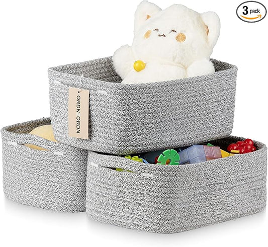 Small Storage Baskets for Organizing, Woven Storage Bins for Shelves, Gift Basket Empty, Cute Decorative Closet Organizer, Baby Rope Basket, Dog Toy Storage, 11x7.5x4.5”, 3Packs Mixed Gray