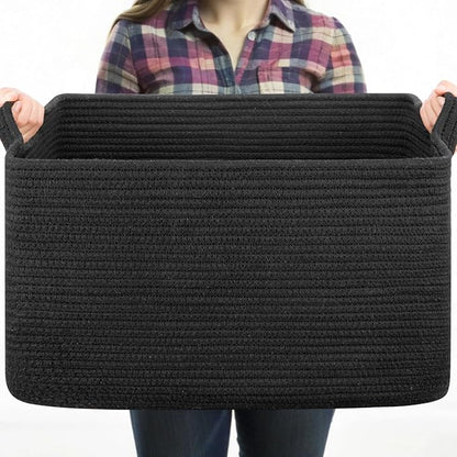 Large Blanket Basket, Black Blanket Storage Living Room, Rectangle Woven Baskets for Storage Toys, Towels, Dirty Clothes Organizer Bins (Black)