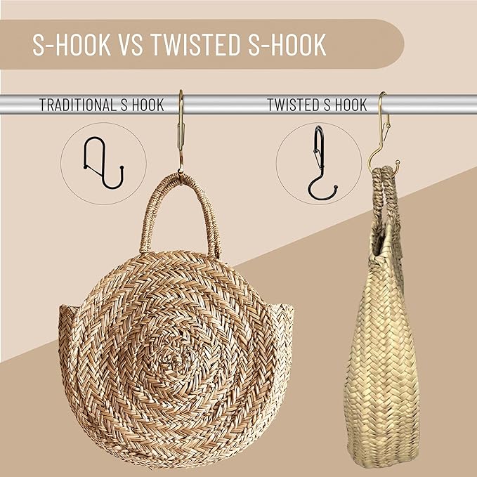 Blau Marité 6 Purse Hanger for Closet. Tote Hanger. S-Shaped Hooks S Hooks Twist Design. Anti Drop S-Shaped Hook for Hanging Handbags with Safety Buckle to Prevent Falls. Heavy Duty. (Gold, Twisted)
