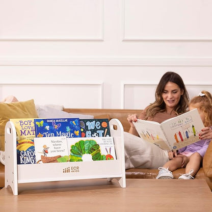 ECR4Kids 2-Shelf Tabletop Book Display with Handles, Beginner Bookshelf, White Wash