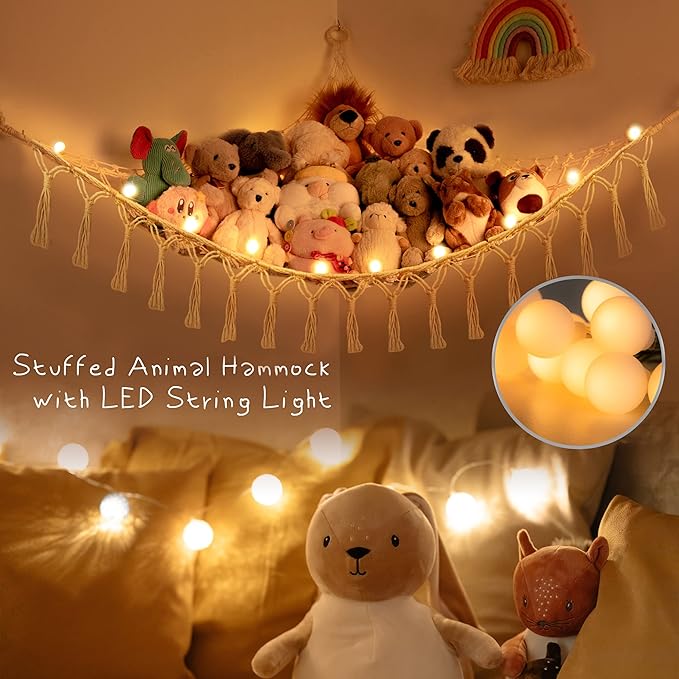 Stuffed Animal Net or Hammock with Light,Yewiwin Macrame Hanging Net Hammock for Stuffed Animal Toy Storage Organizer Boho Decor Room Holder for Nursery Play Room Bedroom (Beige-2)