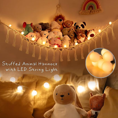 Stuffed Animal Net or Hammock with Light,Yewiwin Macrame Hanging Net Hammock for Stuffed Animal Toy Storage Organizer Boho Decor Room Holder for Nursery Play Room Bedroom (Beige-2)