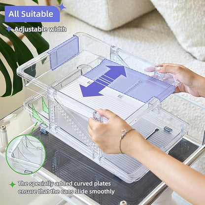 Soda Can Dispenser Organizer for Refrigerator and Pop Can Holders Drink Storage Wide Adjustable (2-Pack Clear)