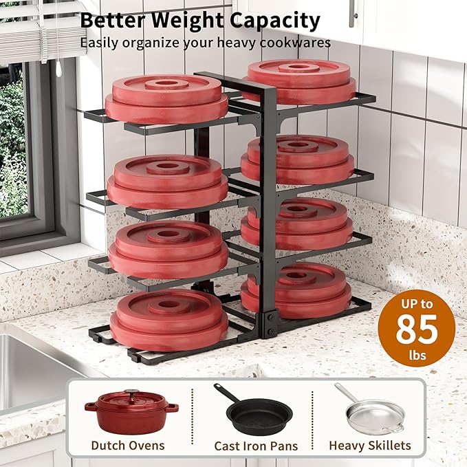 Fovkdcvw Adjustable Pots and Pans Organizer Under Cabinet, 8-Tier Pot and Pan Organizers Inside Cabinet, Kitchen Cabinet Organizers and Storage, Black