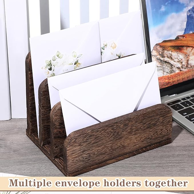Wooden Mail Holder 3 Slots Mail Organizer for Desk Wood File Paper Letter Sorter for Letter Envelope Filing Cell Phone Document Storage, Organizer Tray for Office and Home (Dark Brown)
