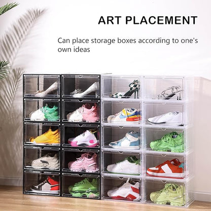 Attelite Large Clear Shoe Box Organizer,Plastic Stackable Shoe Storage Box with Magnetic Door, Large Clear Door Shoe Containers for Display Sneakers, Easy Assembly（Black）
