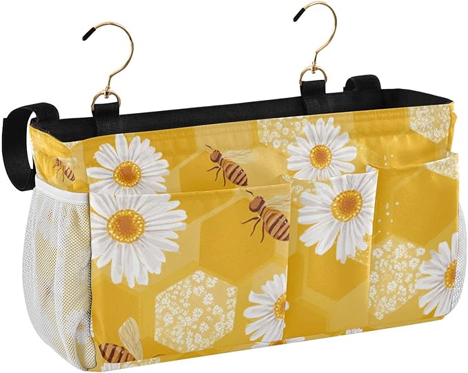 CuwrYet Bedside Caddy Hanging Bunk Bed Caddy Bed Organizer Hanging Pocket with 2 Hooks Bedside Storage Organizer Pocket Bag Holder Yellow Honeycomb Bee Daisy