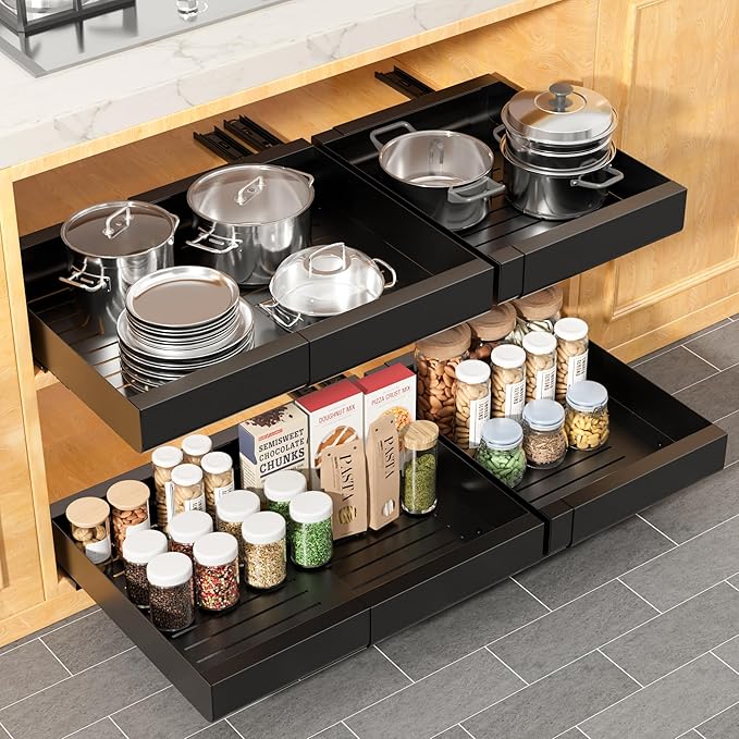 KLKE Pull Out Cabinet Organizer, Width Expandable (11.7"-19.7") Heavy Duty Slide Out Drawers Fixed with Adhesive Nano Film for Pots, Roll Out Shelf Storage For Kitchen,Pantry,Garage,Bathroom Storage