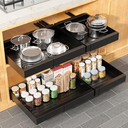 KLKE Pull Out Cabinet Organizer, Width Expandable (11.7"-19.7") Heavy Duty Slide Out Drawers Fixed with Adhesive Nano Film for Pots, Roll Out Shelf Storage For Kitchen,Pantry,Garage,Bathroom Storage