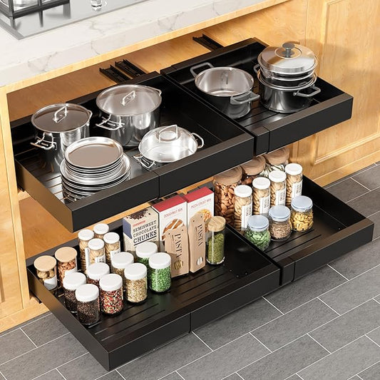 KLKE Pull Out Cabinet Organizer, Width Expandable (11.7"-19.7") Heavy Duty Slide Out Drawers Fixed with Adhesive Nano Film for Pots, Roll Out Shelf Storage For Kitchen,Pantry,Garage,Bathroom Storage
