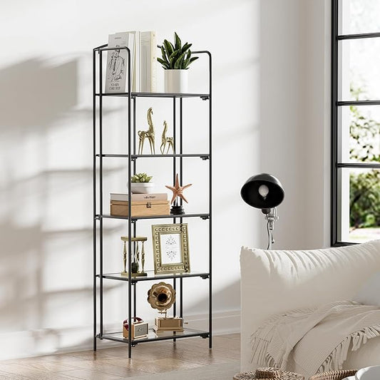 Crofy No Assembly Folding Bookshelf for Living Room, 5 Tier Black Collapsible Book Shelf for Home Office, Portable Bookcase Storage Organizer
